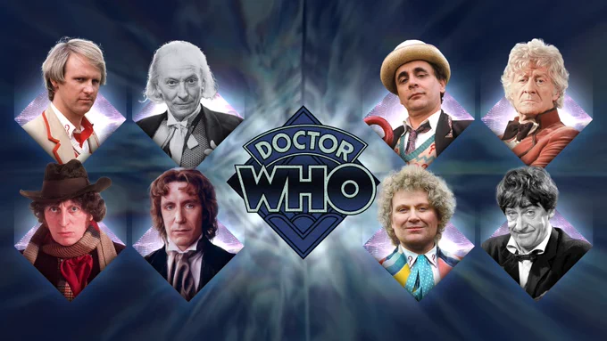 All classic "Doctor Who" incarnations are featured in a collage, with the classic Who logo in the center.