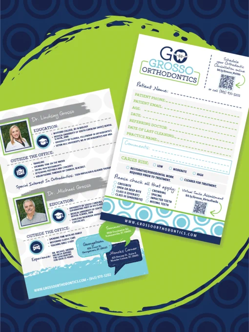 An informational image displaying patient forms and details about the orthodontists at Grosso Orthodontics. The design is modern with green and blue accents.