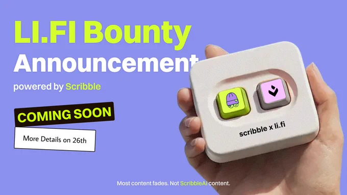 A hand holds a white device with two colorful buttons, announcing a collaboration between Scribble and LI.FI, with more details pending.