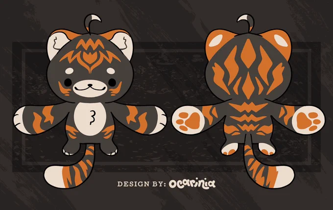Front and back reference sheet of a round tiger mascot with large, oversized paws. He has black fur and orange, sharp stripes. His paws and brows are off-white, with orange paw pads. It reads: "Design by: ocarinia"