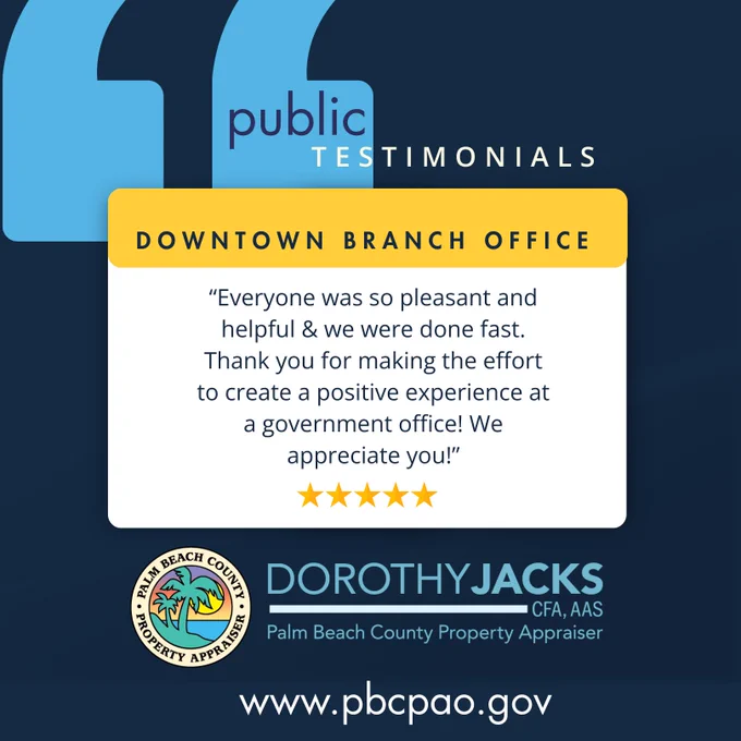 Customer praises the Downtown Branch Office for fast, pleasant service and a positive government experience with a five-star rating.