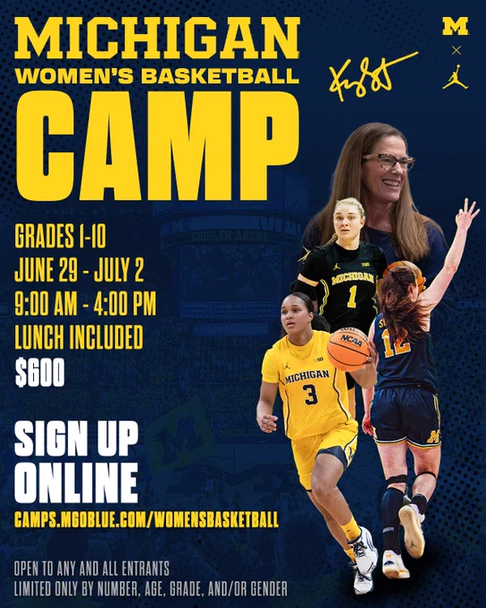 Michigan women's basketball summer camp for grades 1-10, June 29-July 2 at Crisler Center