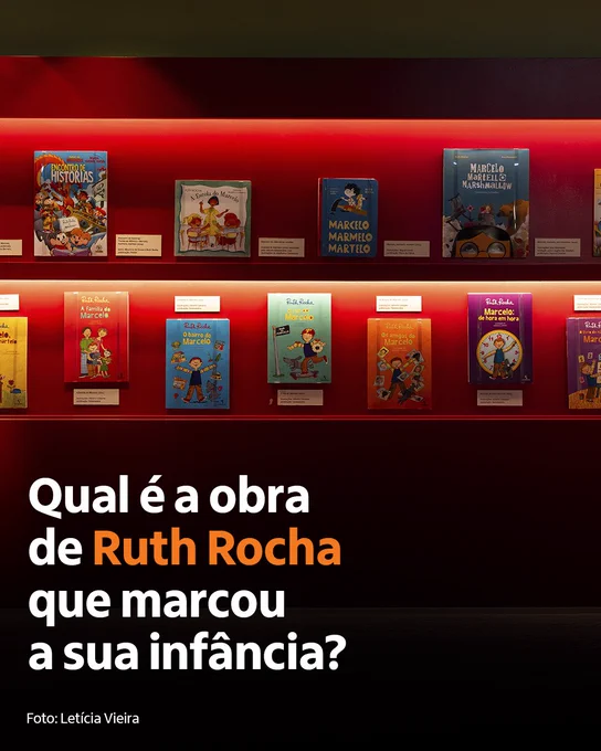 Fotografia que destaca uma estante vermelha com livros coloridos. Com a imagem, o texto “Qual é a obra de Ruth Rocha que marcou a sua infância?”.