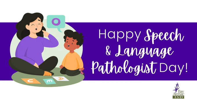 Illustration of a speech-language pathologist working with a child, with text that reads “Happy Speech & Language Pathologist Day!” and the Bay-Arenac ISD logo.