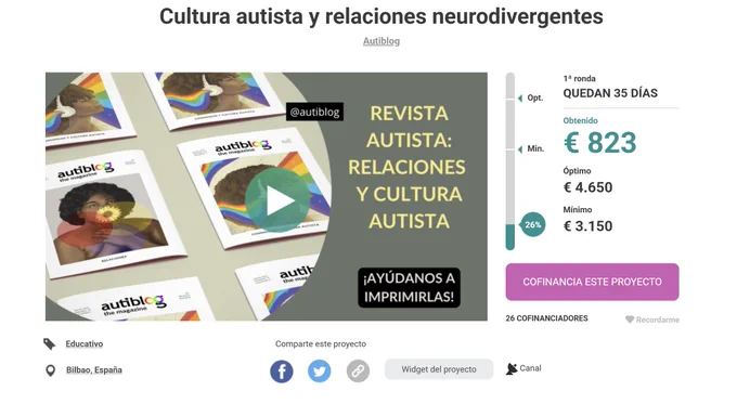 Camptura de la campaña de financiación de la revista autista en goteo.org. Ya hemos acumulado 823 euros, el 26% del objetivo