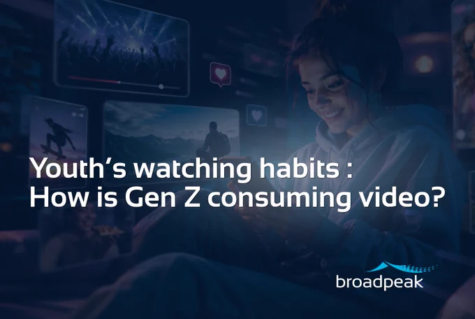 Promotional image for Broadpeak’s streaming industry blog about Gen Z video consumption habits. A young woman watches content on her smartphone surrounded by floating streaming, social media, live sports, music, and short-form video screens in a futuristic digital environment. Overlay text reads: ‘Youth’s watching habits: How is Gen Z consuming video?’ The image represents trends in video streaming, OTT platforms, mobile-first viewing, personalized content, social media video, and Gen Z streaming behaviors