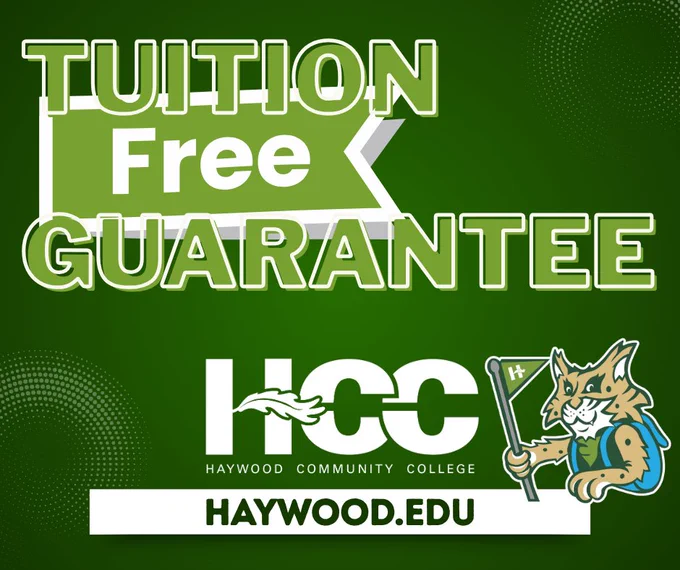 Green advertisement for Haywood Community College. Text states "Tuition Free Guarantee." Features the HCC logo and a cartoon wildcat mascot holding a flag. Website listed: haywood.edu.
