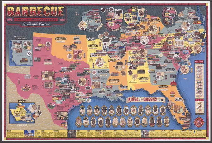 Colorful map detailing the type of barbecue available across the lower U.S., and including headshots of the kings and queens of barbecue.