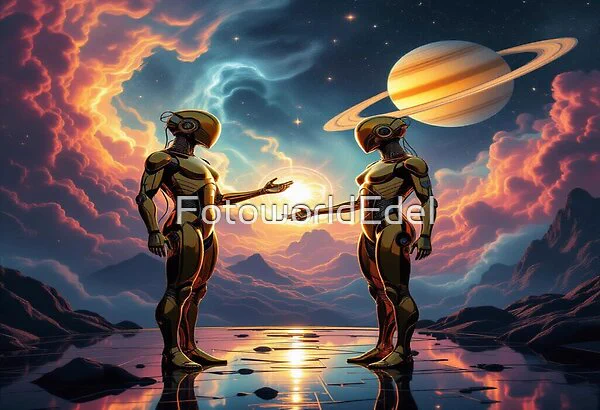 A moment of connection between machine and soul, framed by a Saturn‑like planet and vibrant sky colors. A mix of sci‑fi vibes and emotional storytelling