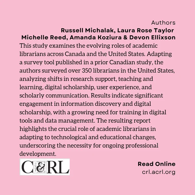 Authors: Russell Michalak, Laura Rose Taylor,  Michelle Reed, Amanda Koziura & Devon Ellixson. This study examines the evolving roles of academic librarians across Canada and the United States. Adapting a survey tool published in a prior Canadian study, the authors surveyed over 350 librarians in the United States, analyzing shifts in research support, teaching and learning, digital scholarship, user experience, and scholarly communication. Results indicate significant engagement in information discovery and digital scholarship, with a growing need for training in digital tools and data management. The resulting report highlights the crucial role of academic librarians in adapting to technological and educational changes, underscoring the necessity for ongoing professional development.