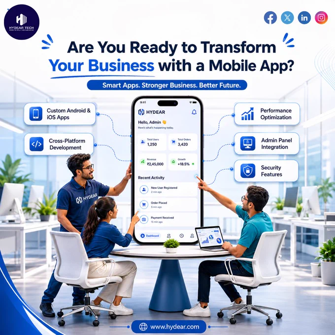 Team showcasing Hydear mobile application interface inside collaborative office workspace