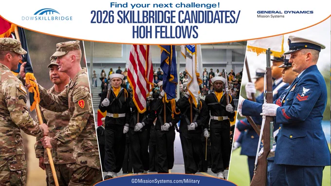 Three panels showing U.S. military service members from the Army, Navy, and Coast Guard in ceremonial settings, representing the range of service branches welcomed through the 2026 DOW SkillBridge and HOH fellowship programs at General Dynamics Mission Systems.

GDMissionSystems.com/Military