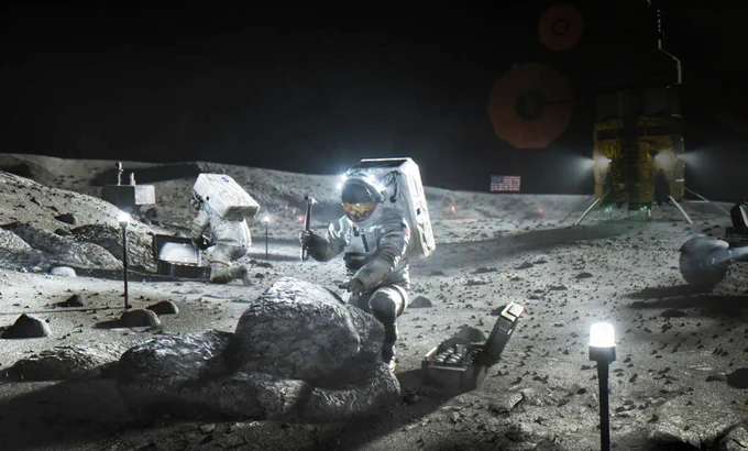 Illustration of two astronauts working on the lunar surface with a human landing system in the background