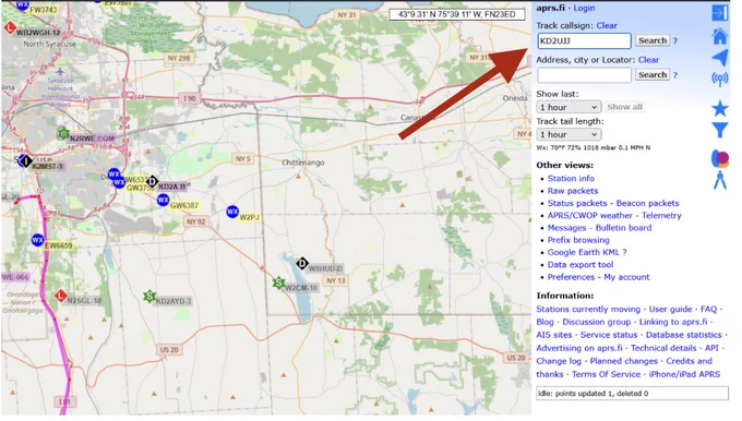 Screenshot of the tracking website. Once the balloon is in the air, you can follow its flight at https://aprs.fi. In the Track Callsign box, you'll type KD2UJJ. 