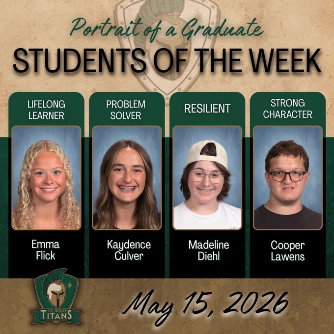 Display with four student portraits and descriptions. Four students named Emma, Kaydence, Madeline, and Cooper.