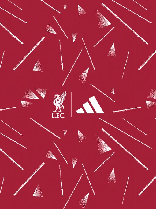 A red, patterned graphic featuring the Liverpool FC and adidas logos.