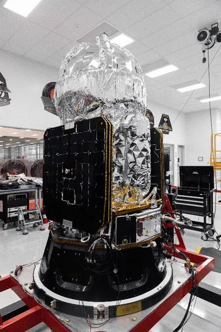 The LOXSAT payload is displayed inside Rocket Lab’s Spacecraft Production Complex in Long Beach, California. Credit: Rocket Lab