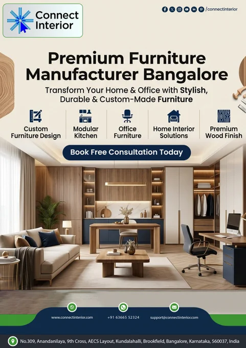 ✨ Premium Furniture Manufacturer in Bangalore 🪑🏡

Stylish, durable & custom-made interiors for your Home & Office! ✨

👉 Book Your Free Consultation Today! 🌐 www.connectinterior.com/manufacturer

#ConnectInterior #FurnitureManufacturer #HomeInterior #OfficeFurniture #ModularKitchen #CustomFurniture #BangaloreFurniture ✨