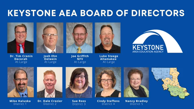 Keystone AEA Board of Directors photos and names Tim Cronin, Josh Ehn, Joe Griffith, Luke Steege, Mike Haluska, Sue Ross, Cindy Steffens, Nancy Bradley