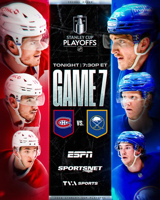 Left side: Cutouts of Cole Caufield, Nick Suzuki, and Ivan Demidov. \n\nMiddle: Text that reads, \"Stanley Cup Playoffs - Tonight, 7:30p ET, Game 7, MTL vs BUF. ESPN, Sportsnet, TVA Sports\". \n\nRight side: Cutouts of Tage Thompson, Rasmus Dahlin, and Josh Doan. 