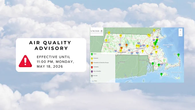  An Air Quality Advisory is in effect from 11 AM to 11 PM due to elevated levels of ozone predicted to reach low Unhealthy for Sensitive Groups in the counties of Hampden and Hampshire. Air quality is expected to range from Good to Moderate elsewhere where higher Moderate AQI are expected in western MA with predicted AQI decreasing from west to east across the state.  