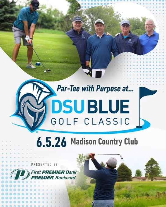 This is a promotional image for the DSU Blue Golf Classic taking place on June 5, 2026, at Madison Country Club. It features two photos: one of a person preparing to swing a golf club and another of four individuals posing together. The event is presented by First PREMIER Bank and PREMIER Bankcard. A stylized knight helmet logo is also visible.