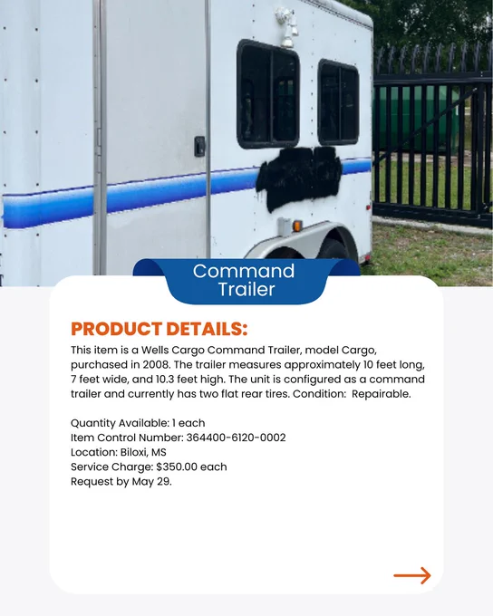Graphic contains image of a white 2008 Wells Cargo Command Trailer The trailer has a door and two windows on each side with a blue stripe on the trailer. The graphic also contains written information about the item including the price of $350.00 and the items location which is Biloxi, MS. 