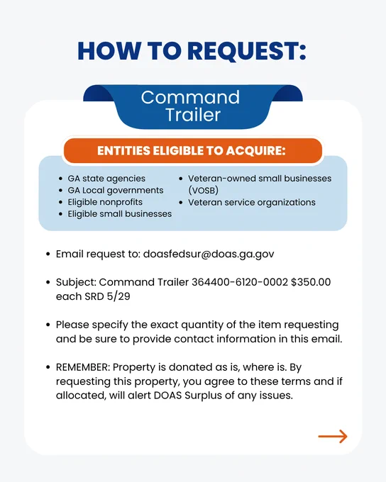 The graphic contains written information about the item and how to request it from DOAS Surplus. To request, interested parties must email doasfedsur@doas.ga.gov with the item name in the subject line. This item must be requested by May 29.