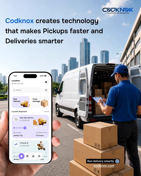 An infographic image with text "Codknox creates technology that makes pickups faster and deliveries smarter."