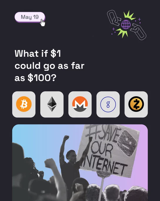 A collage of people protesting and holding up a "#save the internet sign" with a strip of BTC, ETH, ZEC, XMR, GLM logos above it on a dark background. Additional copy reading: "What if $1 could go as far as $100?"