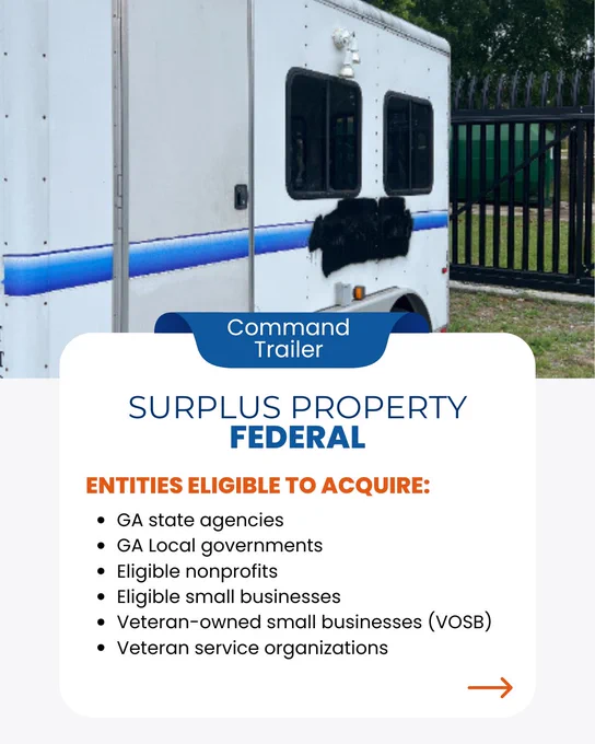 Graphic contains image of a white 2008 Wells Cargo Command Trailer The trailer has a door and two windows on each side with a blue stripe on the trailer. The graphic also contains a list of the type of entities eligible to acquire the item. 
