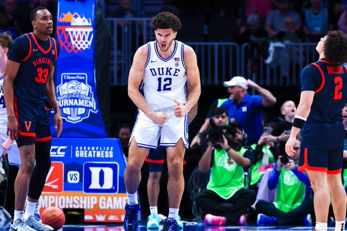 Cameron Boozer celebrates during the Duke men's basketball ACC Championship Game appearance against Virginia.