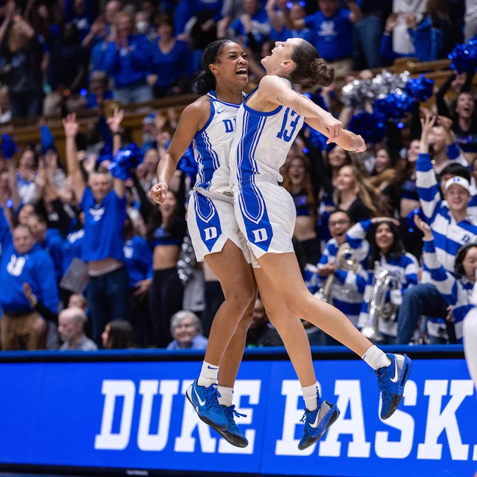 Duke women's basketball's Ashlon Jackson and Jordan Wood jump and celebrate during a 2026 contest.