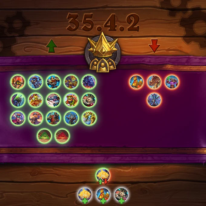 Hearthstone patch 35.4.2 Battlegrounds graphic showing buffs to Alert Alarmist, Metallic Hunter, Marquee Ticker, Charging Czarina, Moonsteel Juggernaut, Famished Felbat, Bream Counter, King Bagurgle, Mrglin Burglar, Dreaming Thornweaver, Brazen Buccaneer, Sky Admiral Rogers, Dastardly Drust, Drustfallen Butcher, Nalaa the Redeemer, Healthy Bounty, and Hostile Bounty, nerfs to P-0UL-TR-0N, Stomping Stegodon, Twisted Wrathguard, and Queens Command, mixed changes to Holo Rover, and returning minions Holo Rover, P-0UL-TR-0N, and Dreaming Thornweaver.
