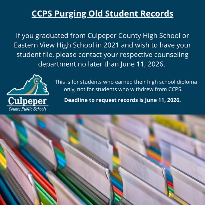 Blue background with white text. "CCPS Purging Old Student Records" at top. Below, a stack of student folders.