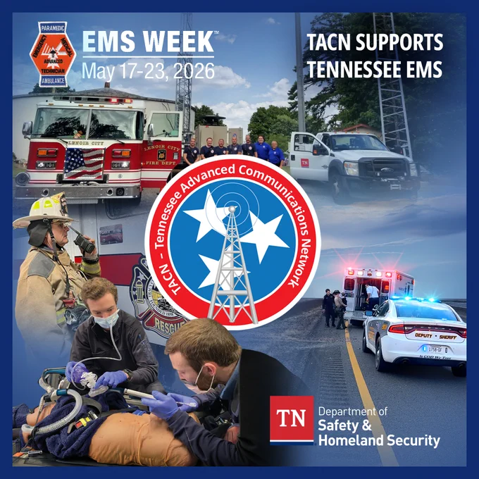 A collage honoring EMS Week 2026 featuring emergency vehicles, responders, and communication support. The central image shows the TACN logo. Surrounding images include a fire truck with personnel standing in front of it, TACN support vehicles, an ambulance on a roadway with law enforcement vehicles nearby, and responders providing medical care to an individual. Text in the collage reads “EMS WEEK May 17–23, 2026,” “TACN SUPPORTS TENNESSEE EMS,” and Tennessee Department of Safety & Homeland Security logo.
