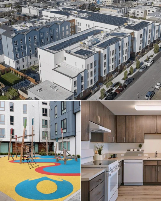 A collection of three photos: an aerial view of the building's rooftop solar panels, a colorful modern playground, and a contemporary kitchen with wood-finish cabinets.