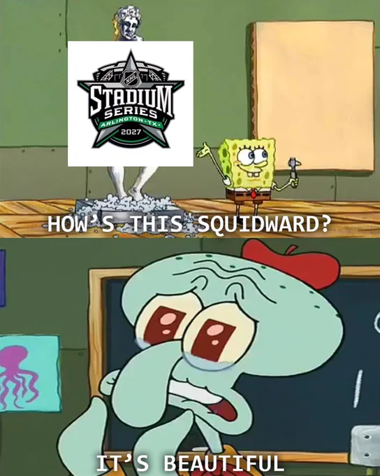 A meme of SpongeBob showing Squidward an image of the Stadium Series logo with the text “how’s this Squidward? It’s beautiful.”