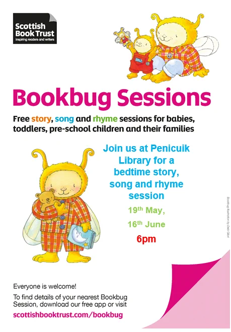 Illustration of Bookbug characters promoting free story, song, and rhyme sessions for young children and families at Penicuik Library. Come along to the Bedtime Bookbug on 19th May and 16th June, at 6pm. 