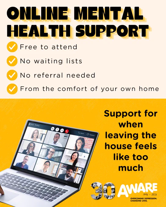 Graphic promoting AWARE NI online mental health support, highlighting free attendance, no waiting lists and no referral needed, with an image of a laptop showing a video call support group.

Flexibility to join from the comfort of your own home from across Northern Ireland. Text says "Support for when leaving the house feels like too much"