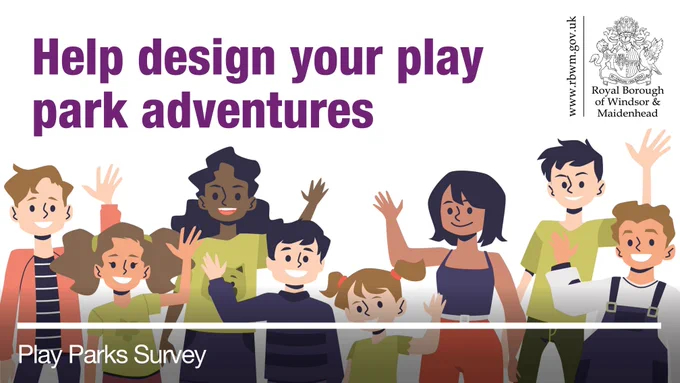 Diverse group of children and young people waving, inviting participation in a Play Parks Survey. Words say help design your play park adventures.