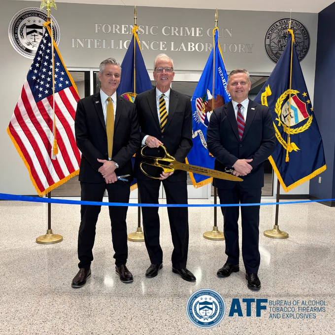ATF Director Robert Cekada (right), and Wichita State University President Dr. Richard Muma (left), and U.S. Senator Jerry Moran (R-Kan.) cut the ribbon at the new ATF Forensic Crime Gun Intelligence Laboratory in Wichita, Kansas.