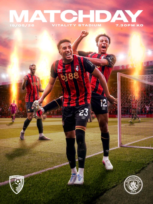 Matchday graphic with Petrovic, Kroupi, Rayan, Hill and Adams on the pitch at Vitality Stadium.