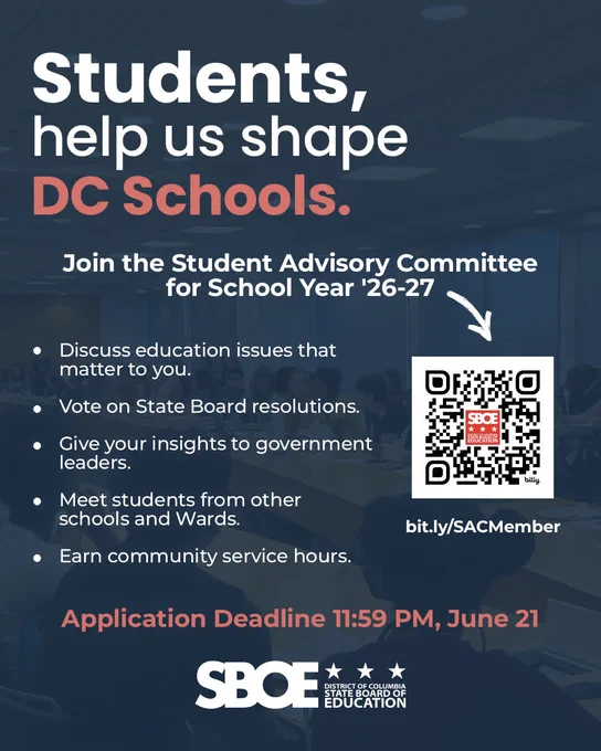 Flyer advertising Student Advisory Committee application for school year 26-27. Deadline 11:59 pm, June 21. QR code and link.