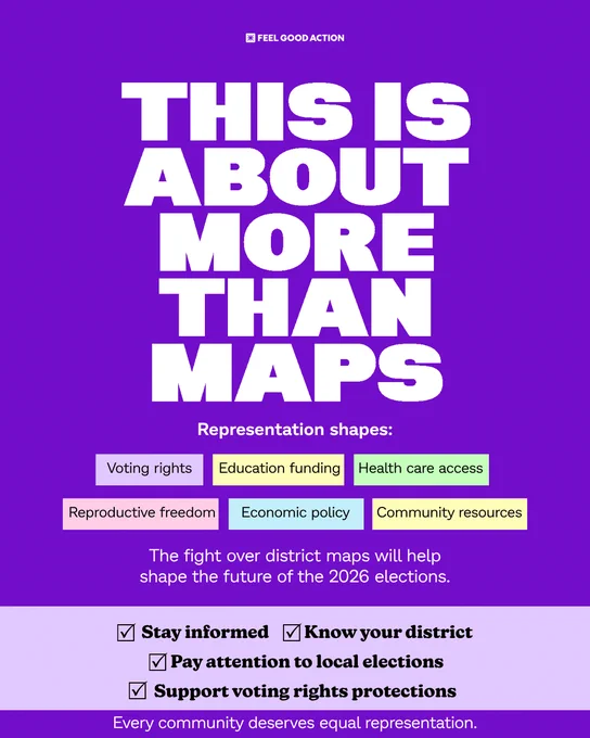 Bold white text on purple background emphasizes that district maps impact voting rights, education funding, health care access, and more for 2026 elections.
