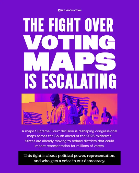 Bold text declares escalating conflict over voting maps with a group of diverse voters casting ballots below on a purple background.