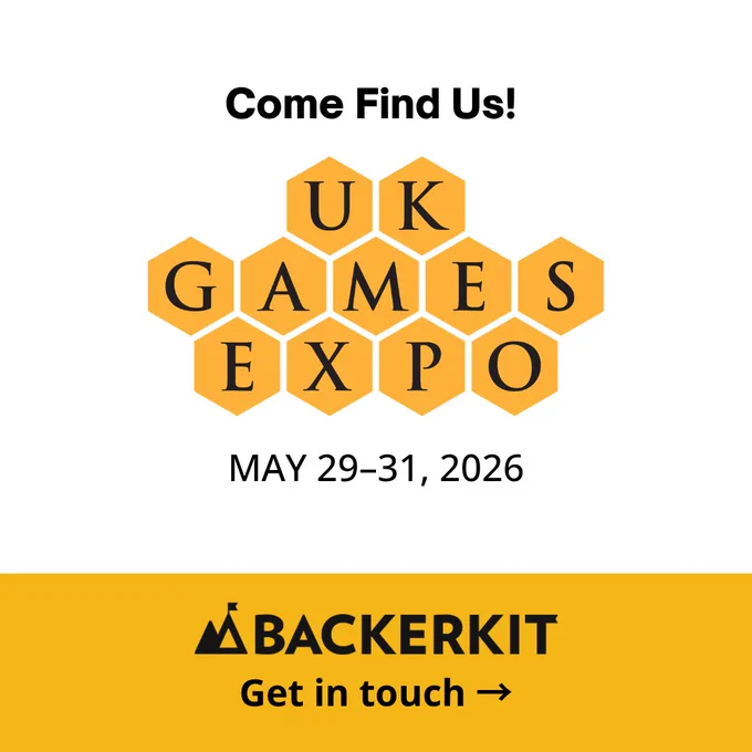 Promotional graphic for BackerKit at UK Games Expo. Features the UKGE honeycomb logo, dates May 19–21 2026, and a gold banner with the BackerKit logo and a 'Get in touch' call to action.