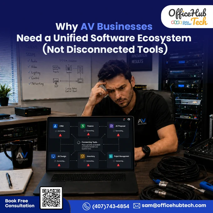 A Unified Software Ecosystem connects your entire AV operation into one synchronized workflow — from lead generation to proposal creation, project execution, inventory movement, billing, and post-installation support.

When CRM, Finance & Accounting, Inventory, Project Management, AV Proposal, and AV Design systems work together:

✔ Teams collaborate faster
✔ Data flows automatically between departments
✔ Errors and duplicate work reduce drastically
✔ Projects move faster with better accountability
✔ Management gets complete business visibility in real time

At Office Hub Tech, we help AV System Integrators build connected business ecosystems through Multi Software Integration solutions tailored specifically for AV operations.

If your business is still running on disconnected tools, your growth is already being slowed down by your workflow. Lets Talk!
