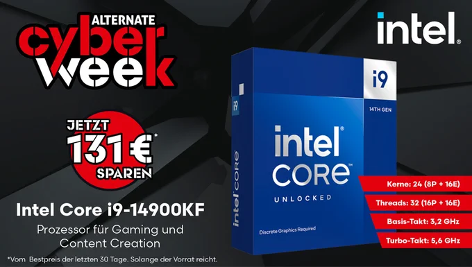 Das Bild zeigt eine Werbekampagne von Intel für einen neuen Gaming-Prozessor der i9-Reihe, der mit spezifizierten Kernen, Threads und Taktfrequenzen angekündigt wird.