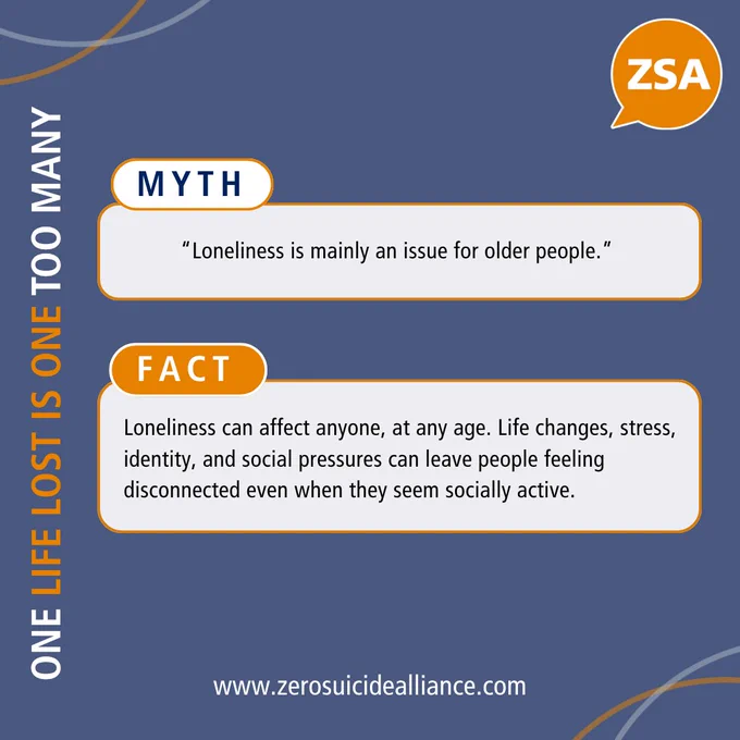 Graphic debunking the myth that loneliness only affects older people, explaining it can impact anyone due to life changes and social pressures.